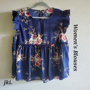 Women's Blouses With Ruffles Blue With Floral Design